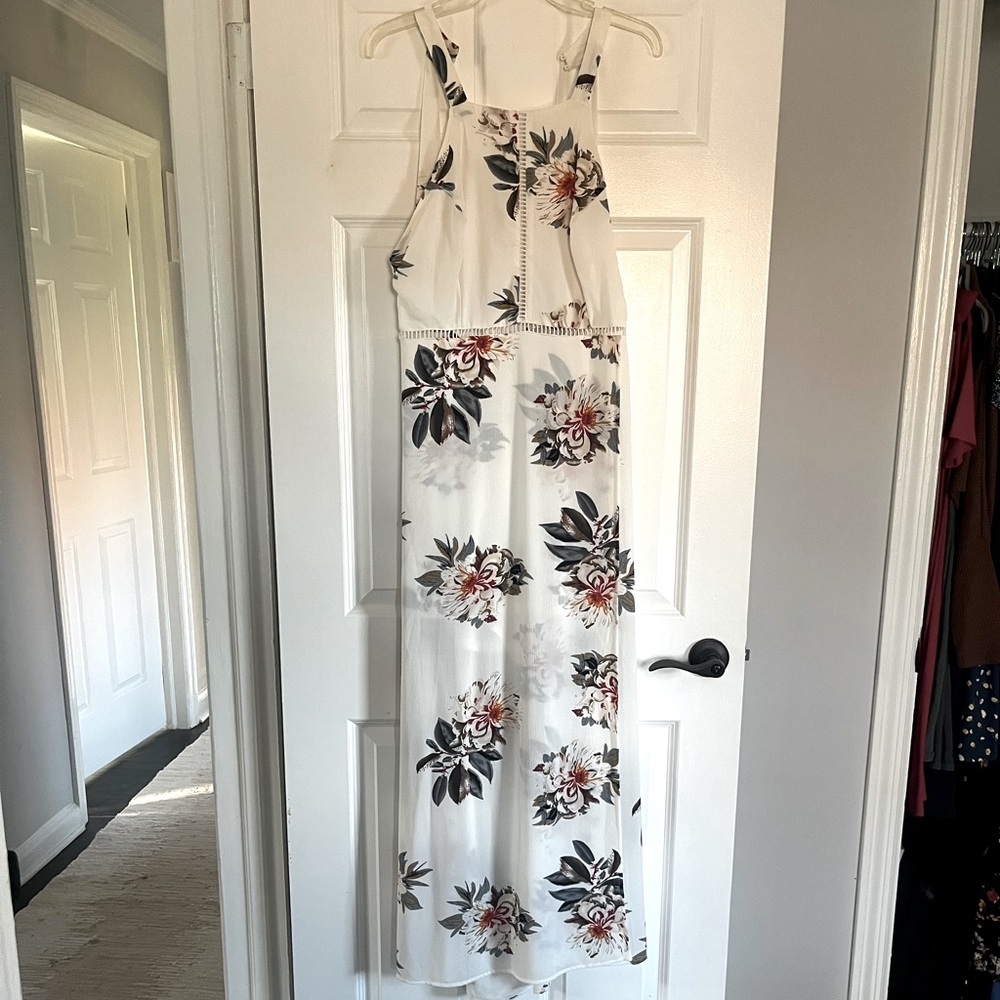 Halter Neck Floral Print Backless Split Beach Party Maxi Dress White
